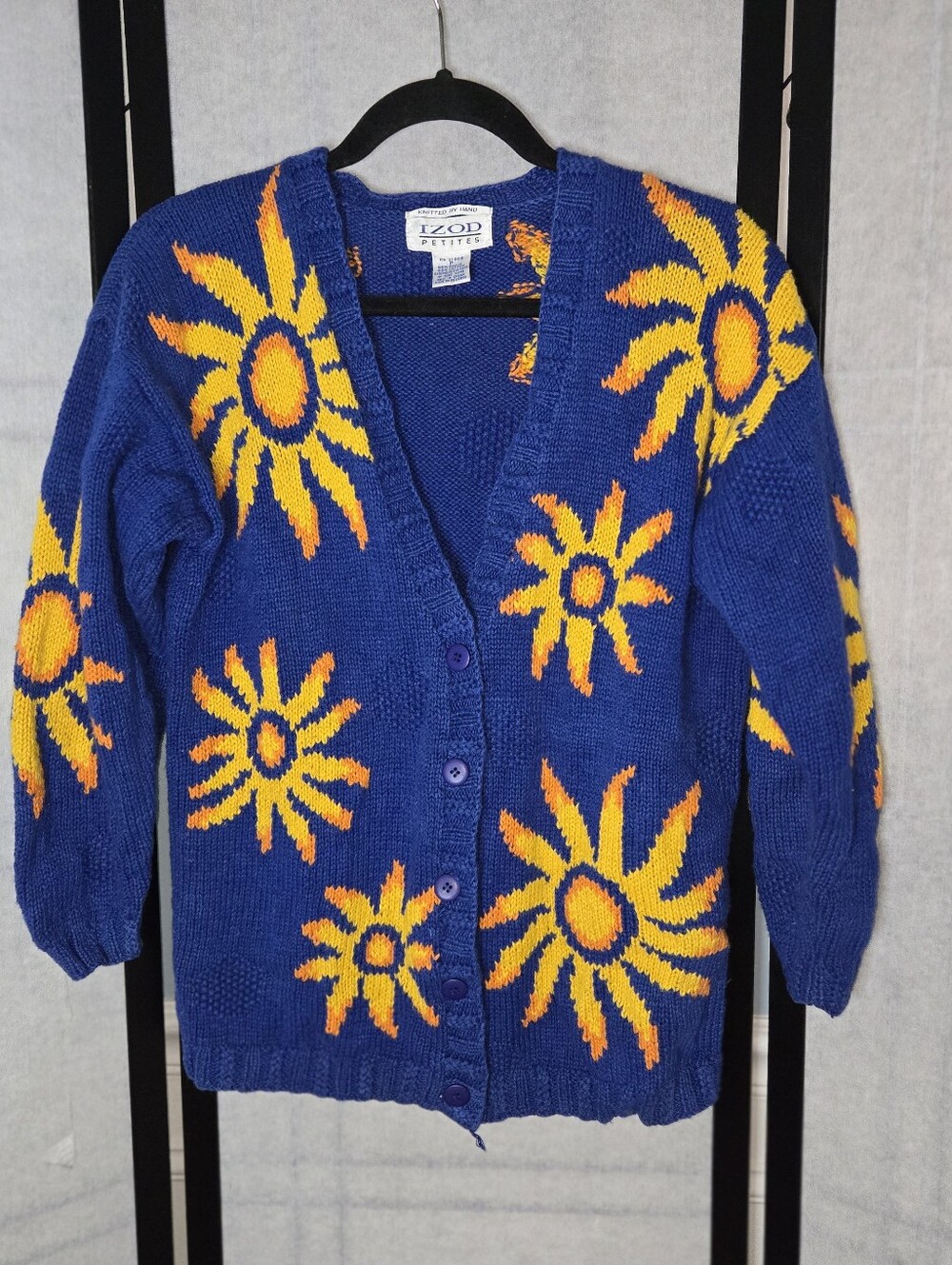 Vintage Rare Blue Knitted Sun Celestial Whimsical Cardigan Size Small To Large